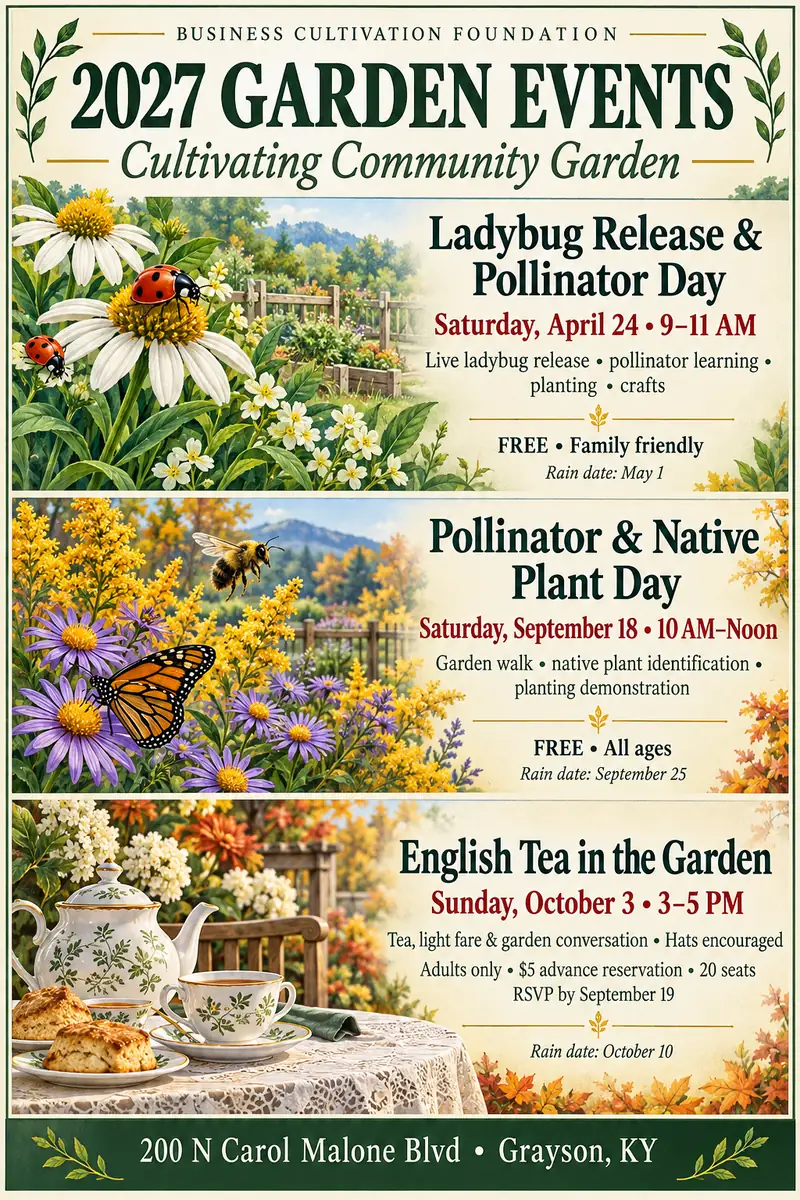 2027 Garden Events at the Cultivating Community Garden: Ladybug Release and Pollinator Day April 24, Pollinator and Native Plant Day September 18, English Tea in the Garden October 3