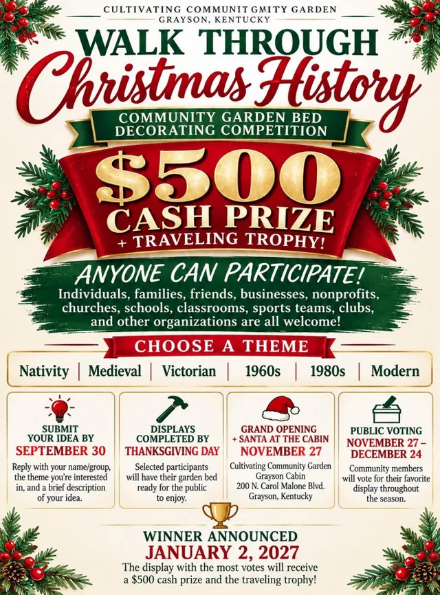 Walk Through Christmas History poster: a historical Christmas display competition in the BCF garden, $500 prize, apply by September 30