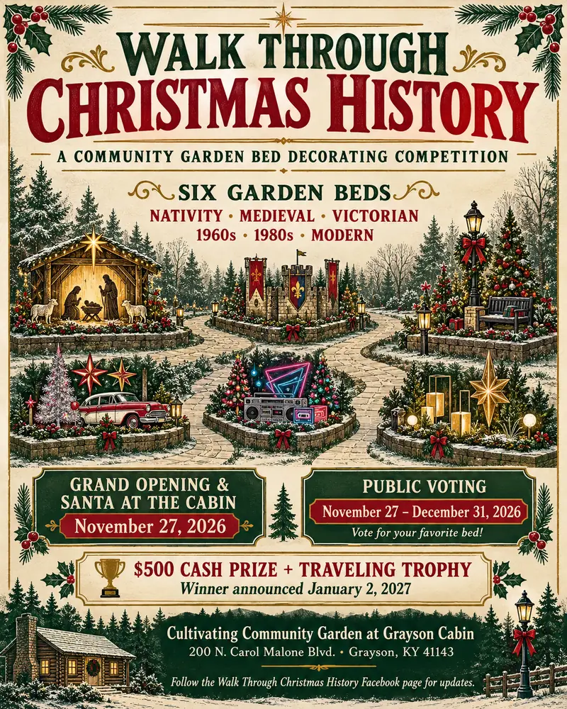 Walk Through Christmas History 2026 poster: six decorated garden beds, grand opening and Santa at the cabin November 27, public voting November 27 to December 31, $500 cash prize and traveling trophy, winner announced January 2, 2027